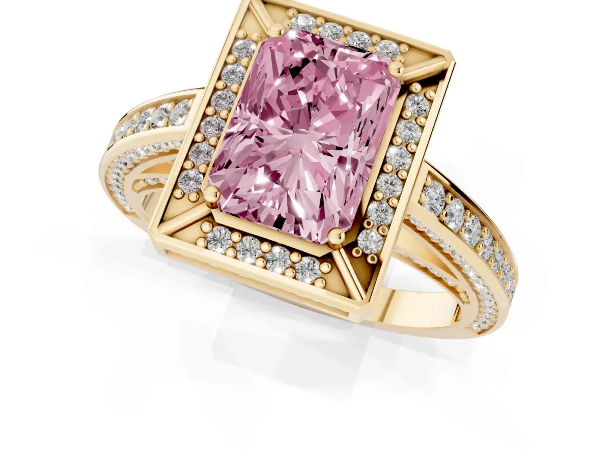 Fancy Pink Radiant Cut Cut Halo Pave Split Shank Prong Setting Ring Yellow gold