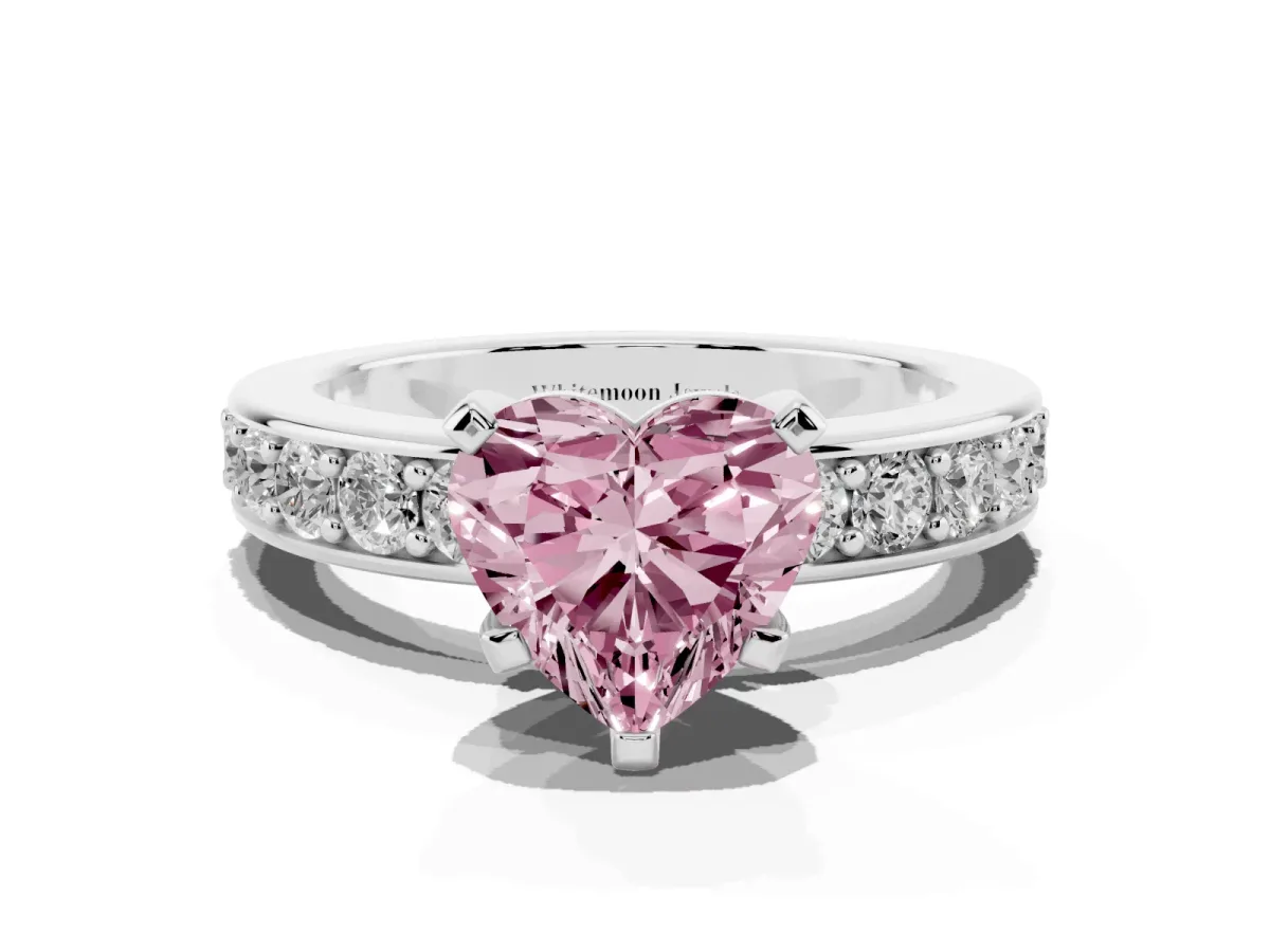 Fancy Pink Heart Cut Diamond Engagement Ring with Channel Set Round Band and Prong Setting White gold