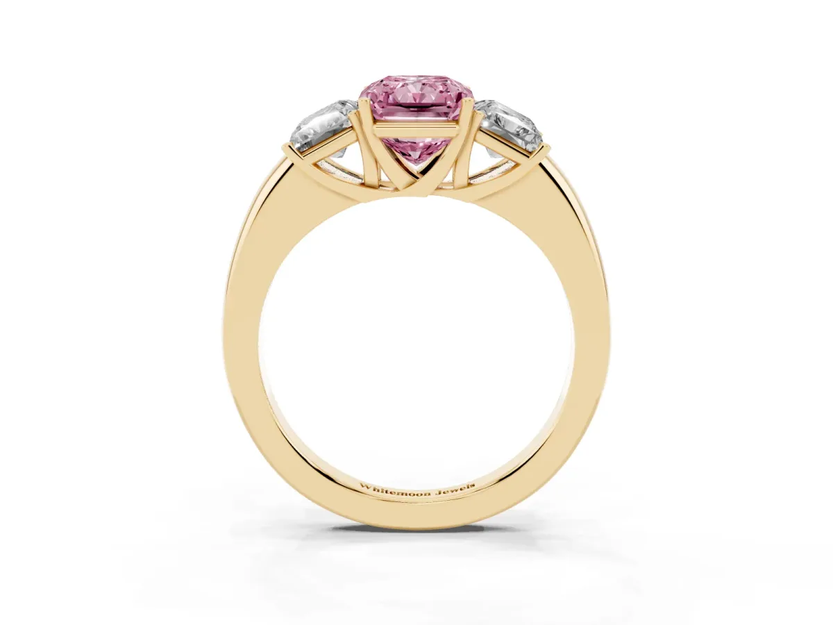 Fancy Pink Radiant Cut Diamond Three-Stone Ring with Four-Prong Setting and Classic Band Yellow gold
