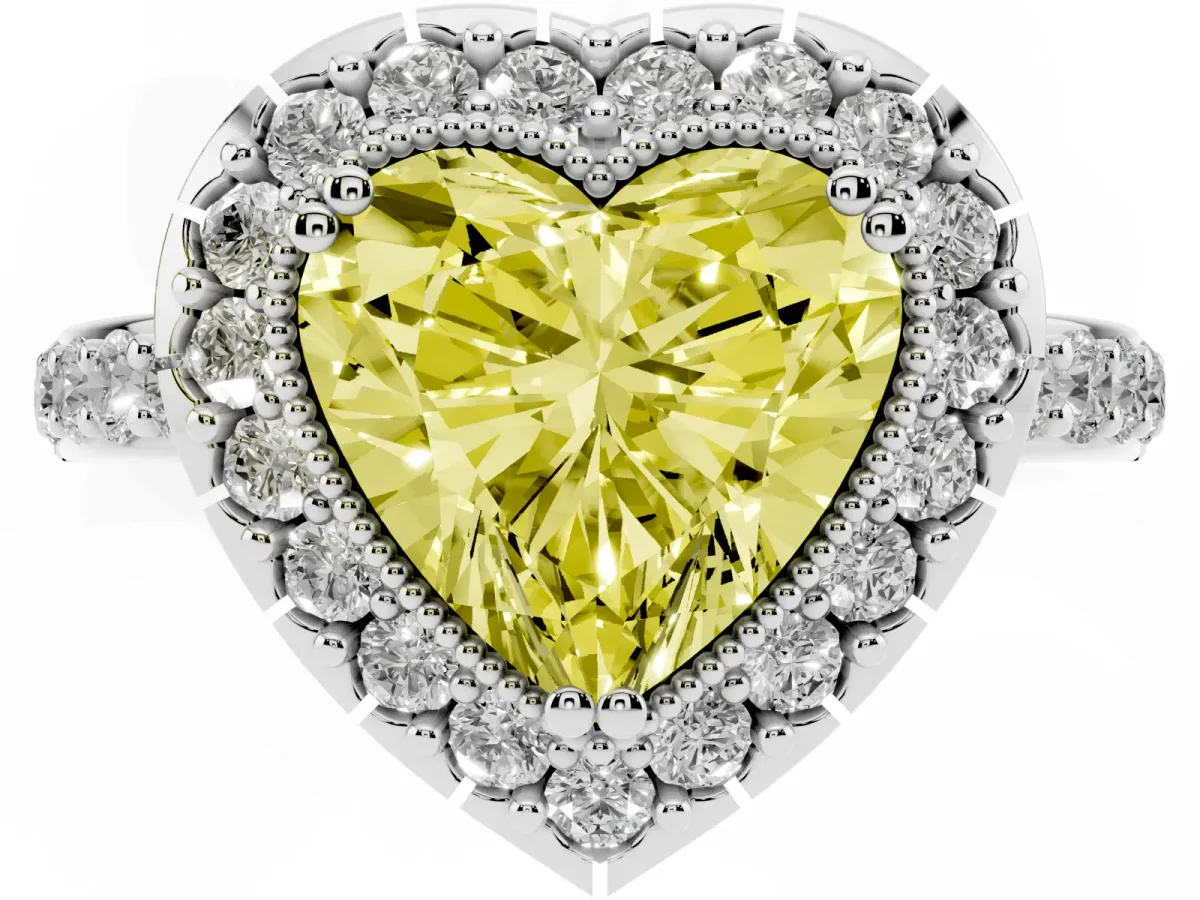 Fancy Yellow Heart Cut Diamond Halo Ring with Pavé Band and Prong Setting Silver