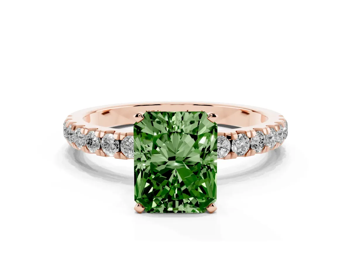 Fancy Green Radiant Cut Diamond Solitaire Ring with Pavé Accents and Four-Prong Setting Rose gold