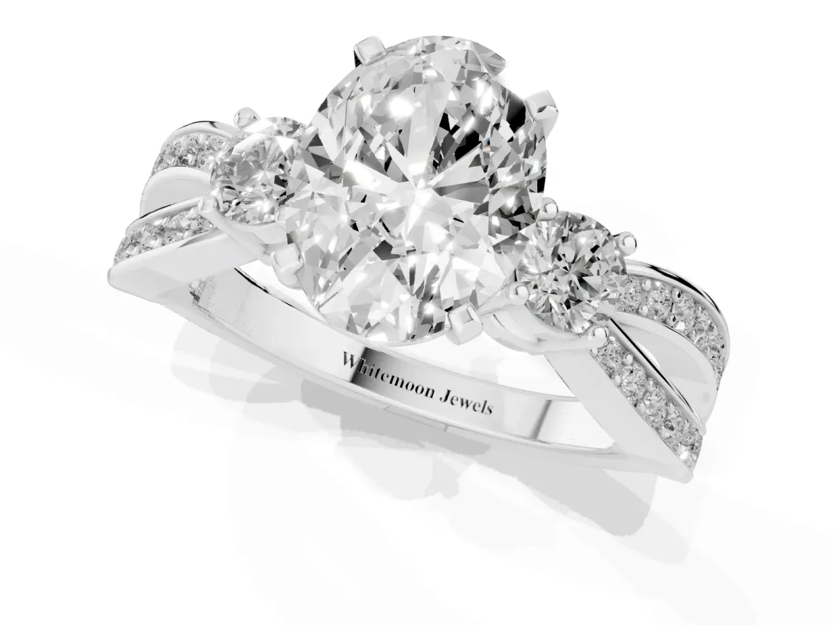 Three-Stone Oval Cut Cut Diamond Twist Band with Prong Setting Silver