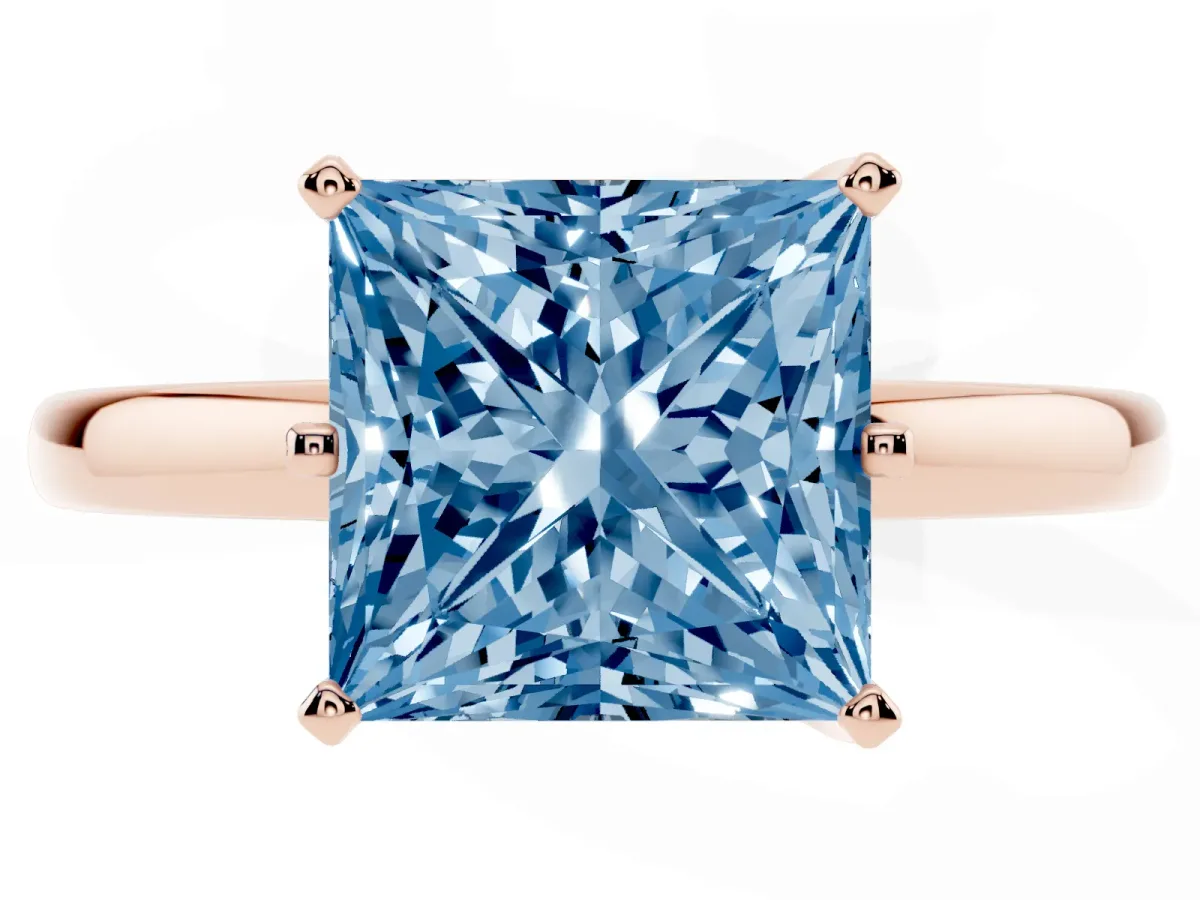 Fancy Blue Princess Cut Solitaire Diamond Ring with Six-Prong Setting on a Classic Band Rose gold