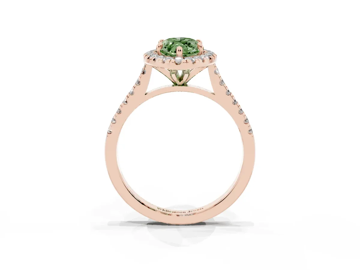Fancy Green Marquise Cut Diamond Cushion Halo Ring with Pavé Band Rose gold