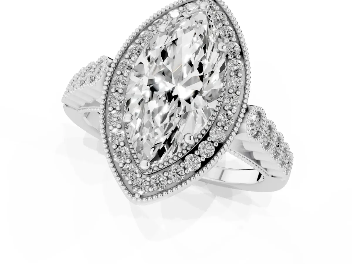 Marquise Cut Halo Milgrain Solitaire with Bezel Set Side Stones and Pave Band Silver