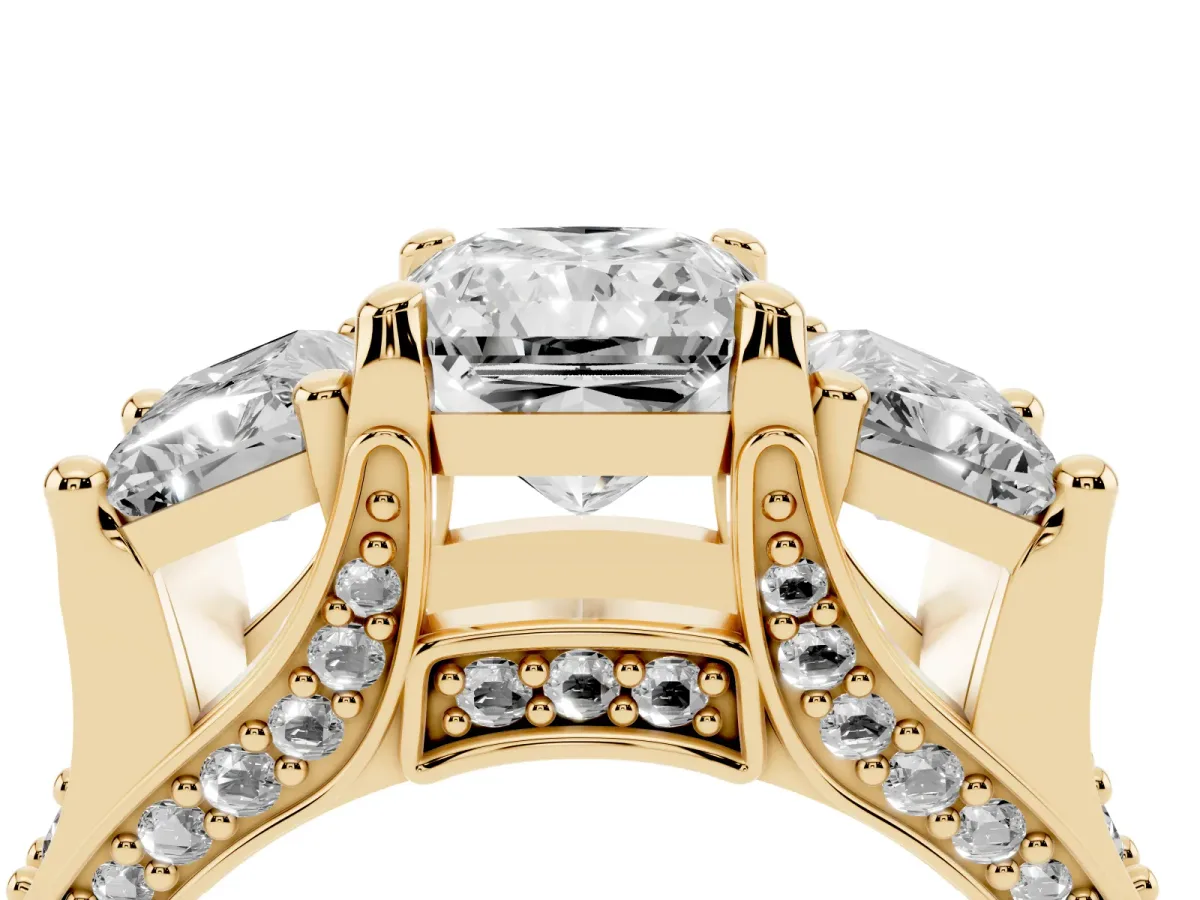 Radiant Cut Diamond Three-Stone Ring with Channel Set Band and Four-Prong Setting Yellow gold
