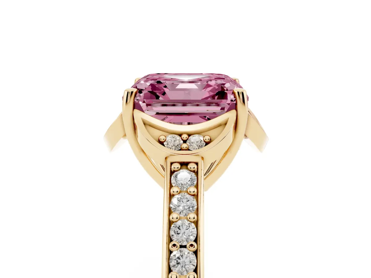 Fancy Pink Asscher Cut Cut Halo Diamond Ring with Channel Set Band and Four-Prong Setting Yellow gold