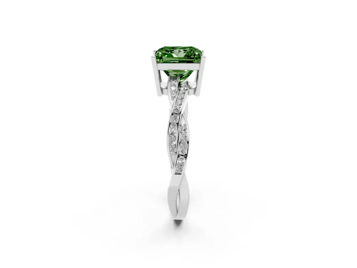 Fancy Green Princess Cut Solitaire Twisted Pave Diamond Ring with Four-Prong Setting Silver