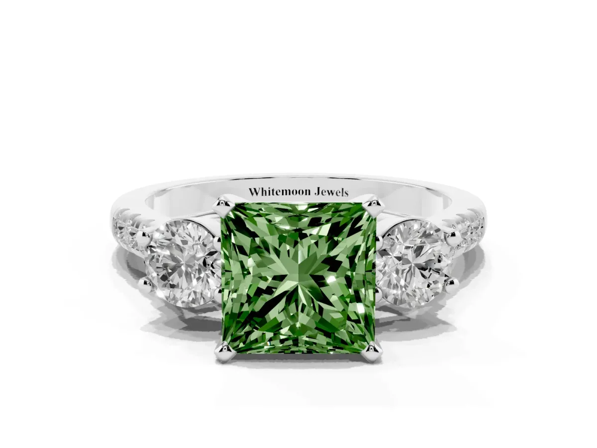 Fancy Green Three-Stone Princess Cut Diamond Pavé Band with Four-Prong Setting Silver
