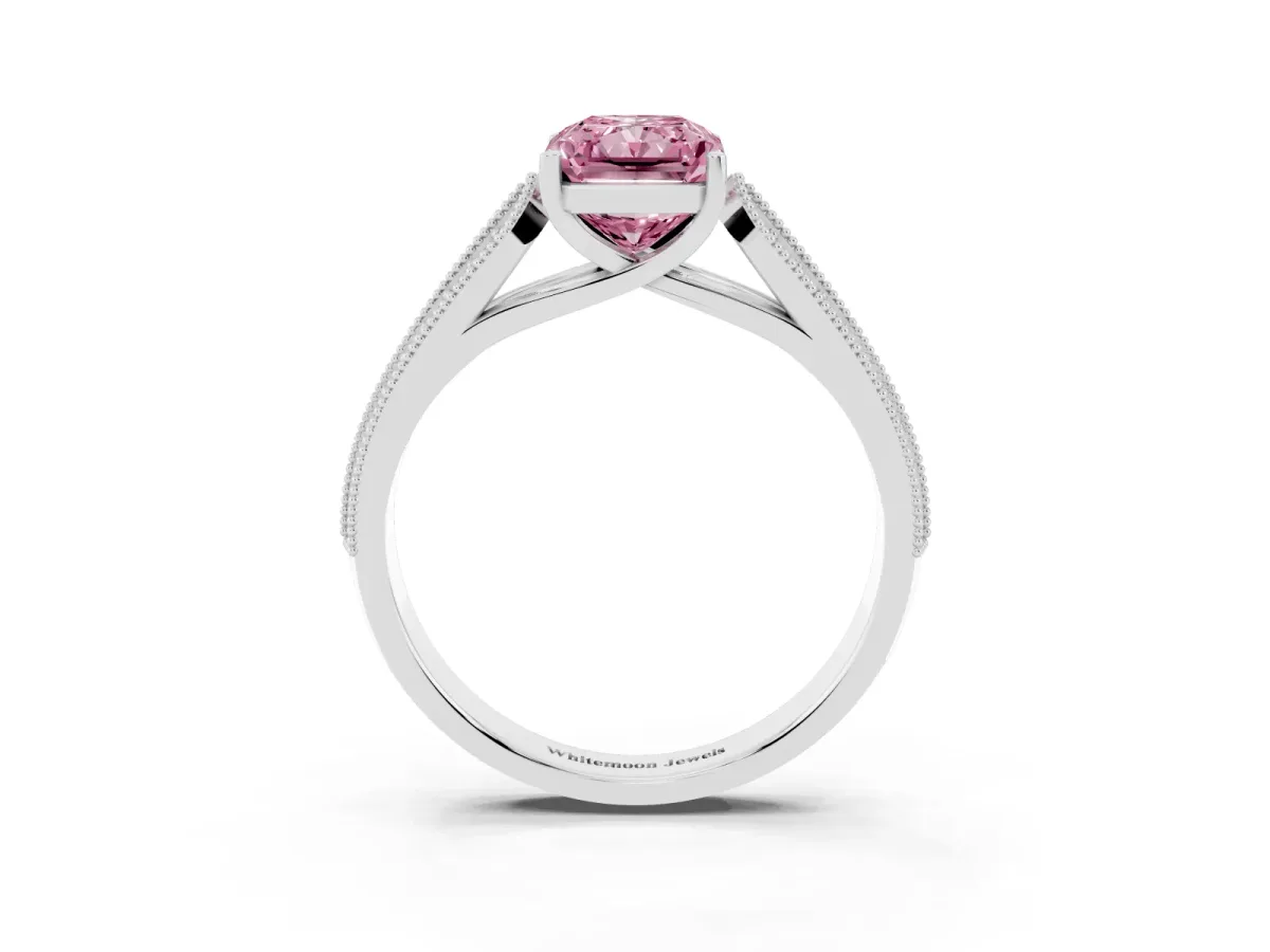 Fancy Pink Radiant Cut Cut Pave Split Shank Engagement Ring with Four-Prong Setting White gold