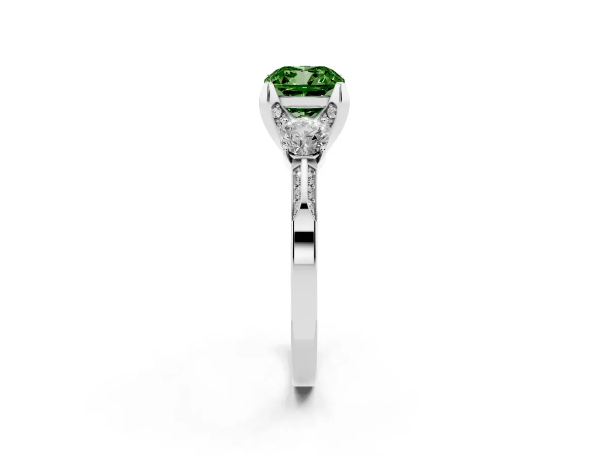 Fancy Green Cushion Cut Brilliant Three-Stone Diamond Ring with Pavé Band and Four-Prong Setting Silver