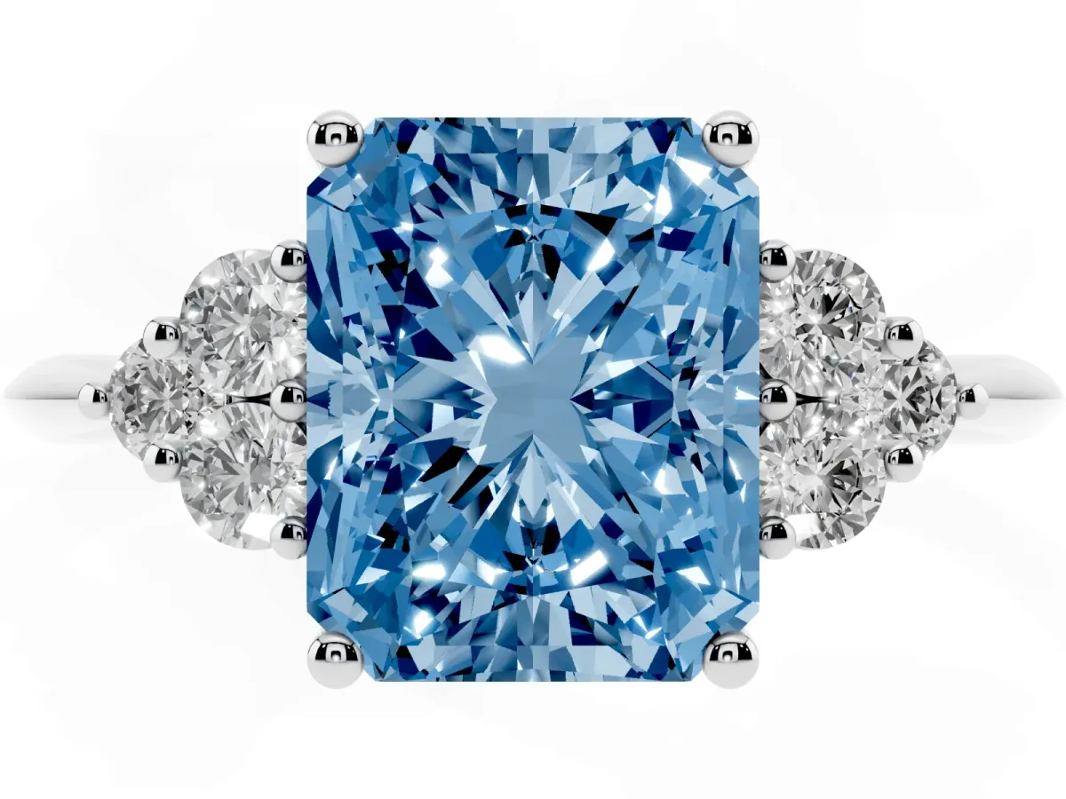 Fancy Blue Radiant Cut Cut Diamond Cluster Ring with Solitaire Band and Four-Prong Setting Silver