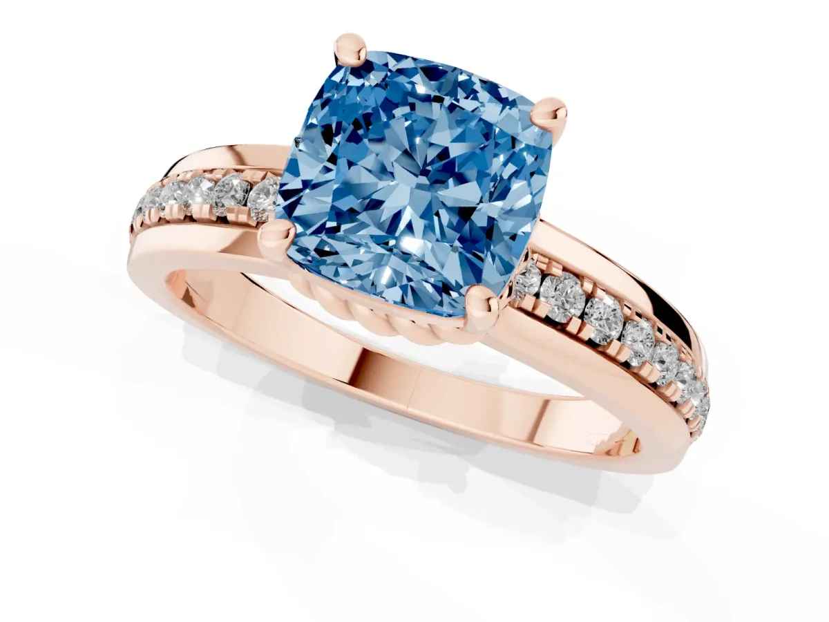 Fancy Blue Cushion Cut Solitaire Diamond Ring with Channel Set Band and Six-Prong Setting Rose gold