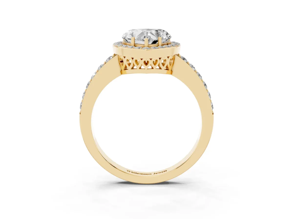 Heart Cut Halo Diamond Pavé Band Ring with Prong Setting Yellow gold