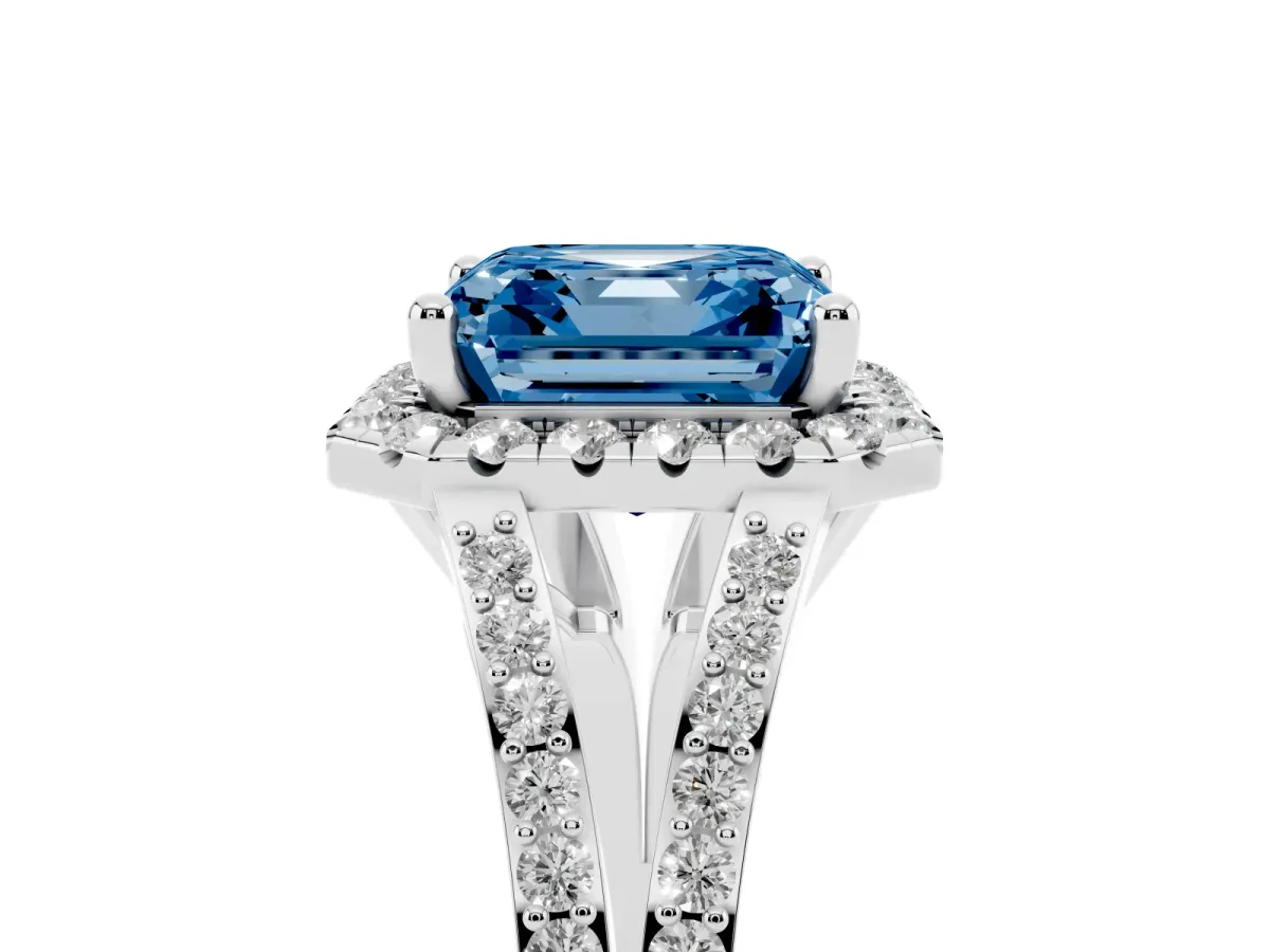 Fancy Blue Asscher Cut Halo Split Shank Diamond Ring with Prong Setting Platinum