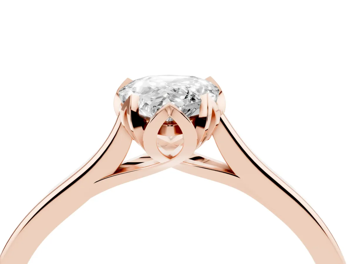 Pear Cut Diamond Solitaire Ring with Flower Prong Setting and Classic Band Rose gold