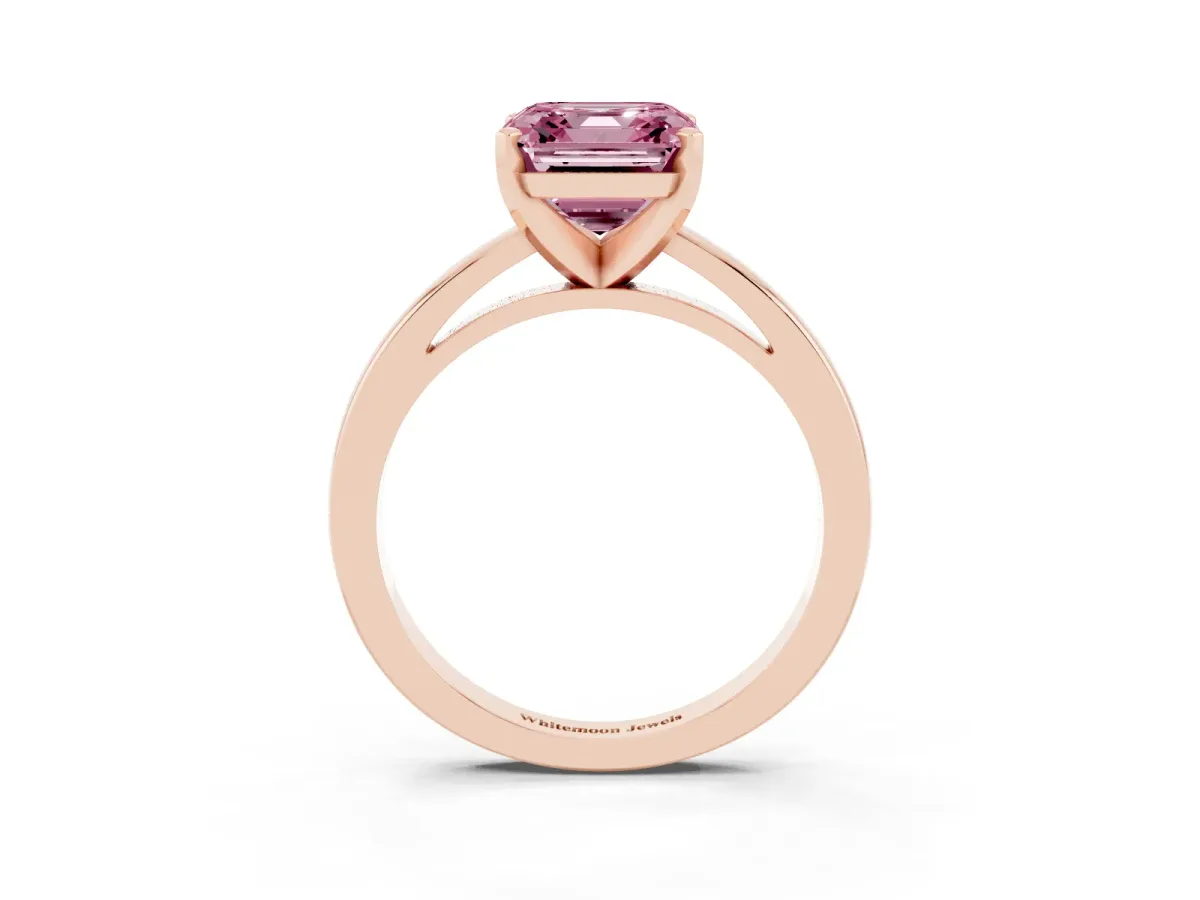 Fancy Pink Asscher Cut Solitaire Diamond Engagement Ring with Four-Prong Setting on a Classic Band Rose gold