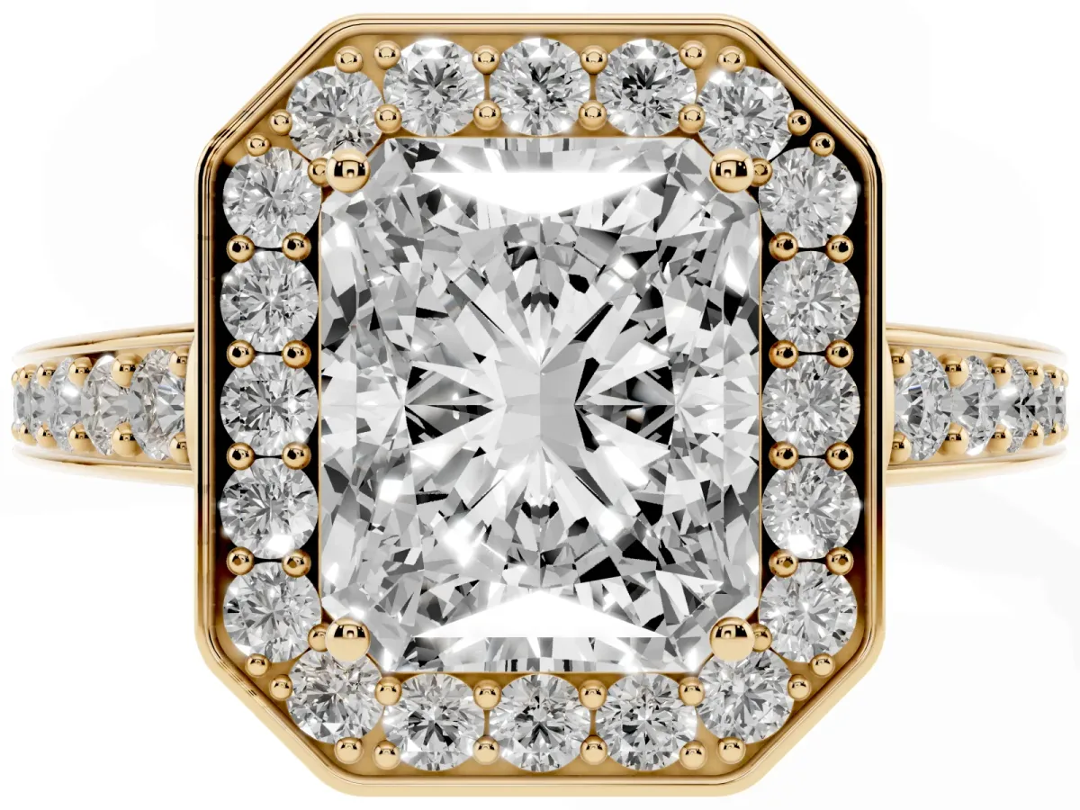 Radiant Cut Halo Pavé Diamond Engagement Ring with Bezel Setting Yellow gold