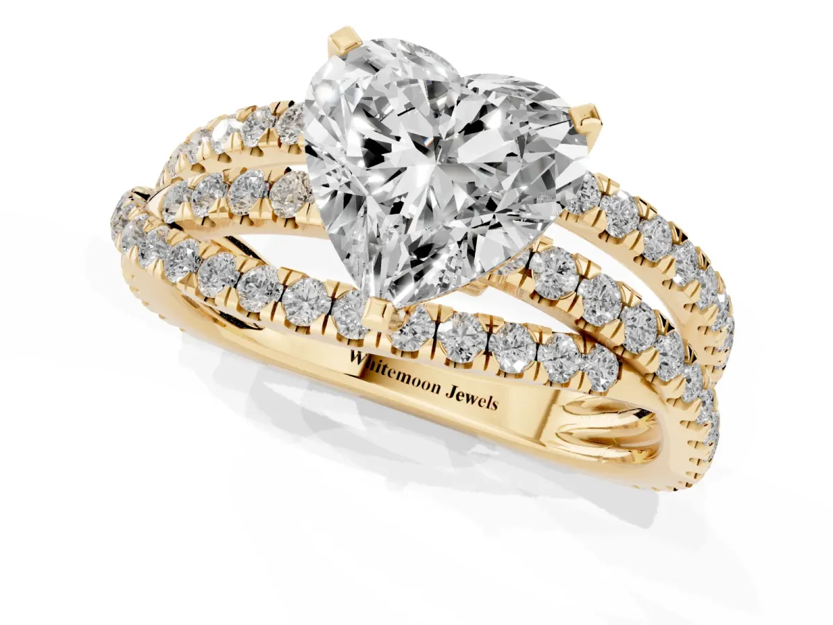 Heart Cut Solitaire Twist Band with Pavé Setting and Four-Prong Setting Yellow gold