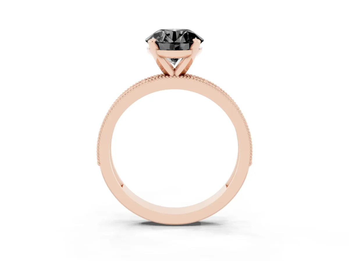 Fancy Black Round Cut Diamond Milgrain Pavé Engagement Ring with Four-Prong Setting Rose gold