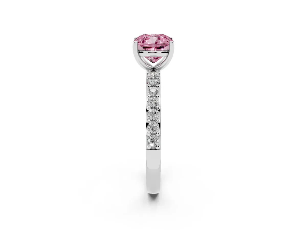 Fancy Pink Cushion Cut Cut Diamond Solitaire with Pave Band and Four-Prong Setting Silver