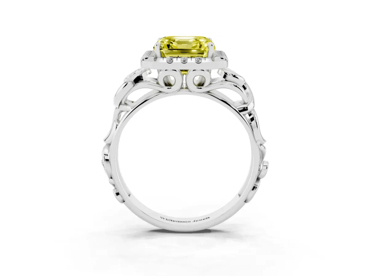 Fancy Yellow Asscher Cut Cut Halo Diamond Ring with Scrollwork Band and Four-Prong Setting Silver