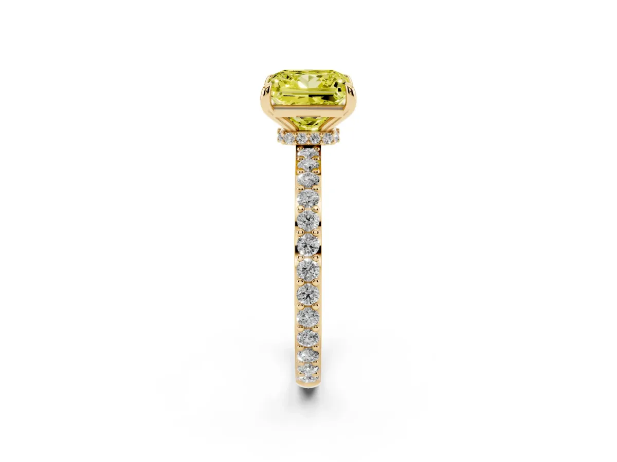 Fancy Yellow Princess Cut Diamond Solitaire Engagement Ring with Pavé Band and Four-Prong Setting Yellow gold