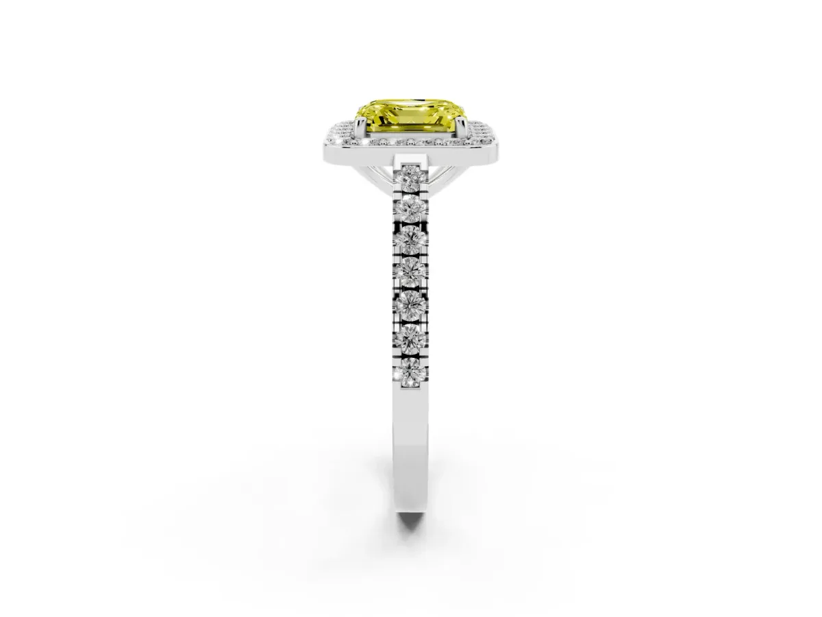 Fancy Yellow Asscher Cut Diamond Halo Ring with Round Pavé Split Shank and Prong Setting Silver