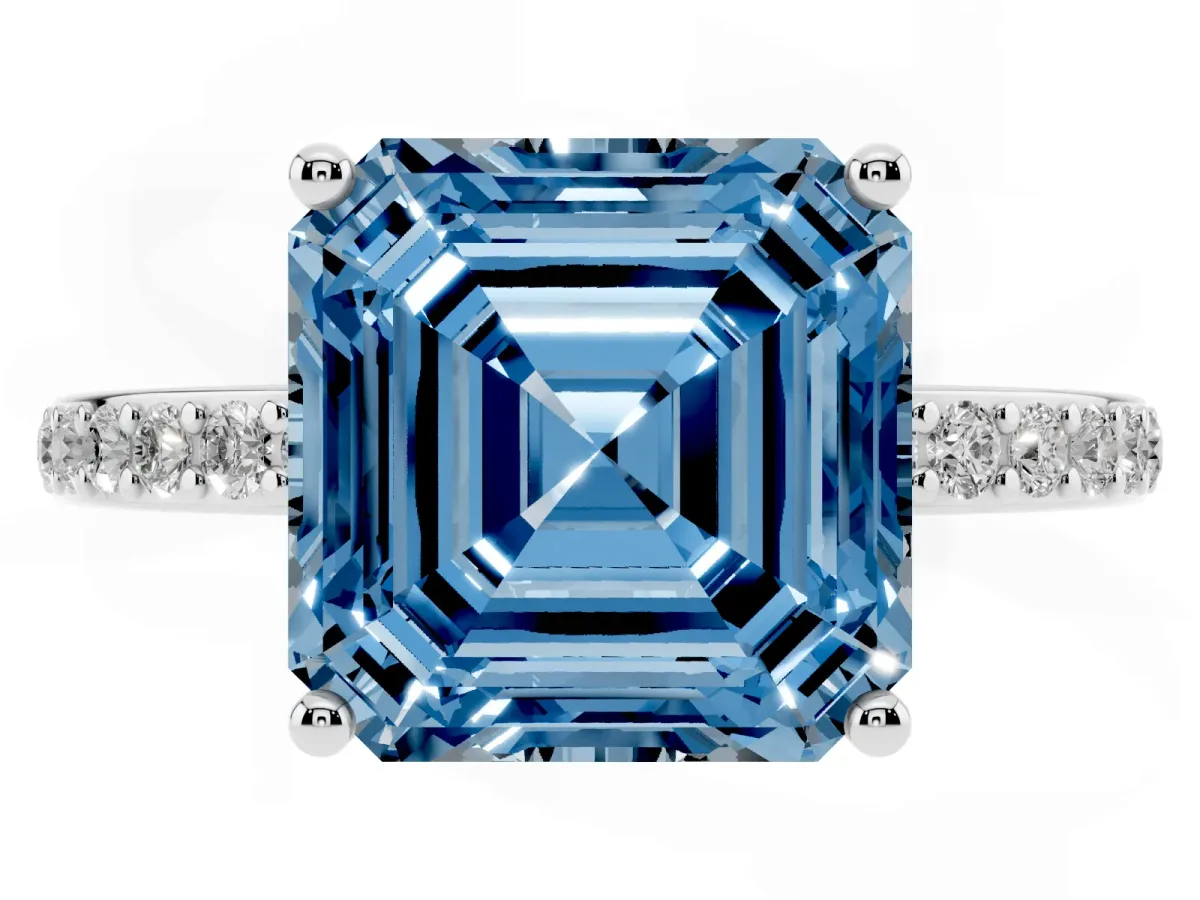 Fancy Blue Asscher Cut Cut Diamond Pavé Band Ring with Four-Prong Setting Silver