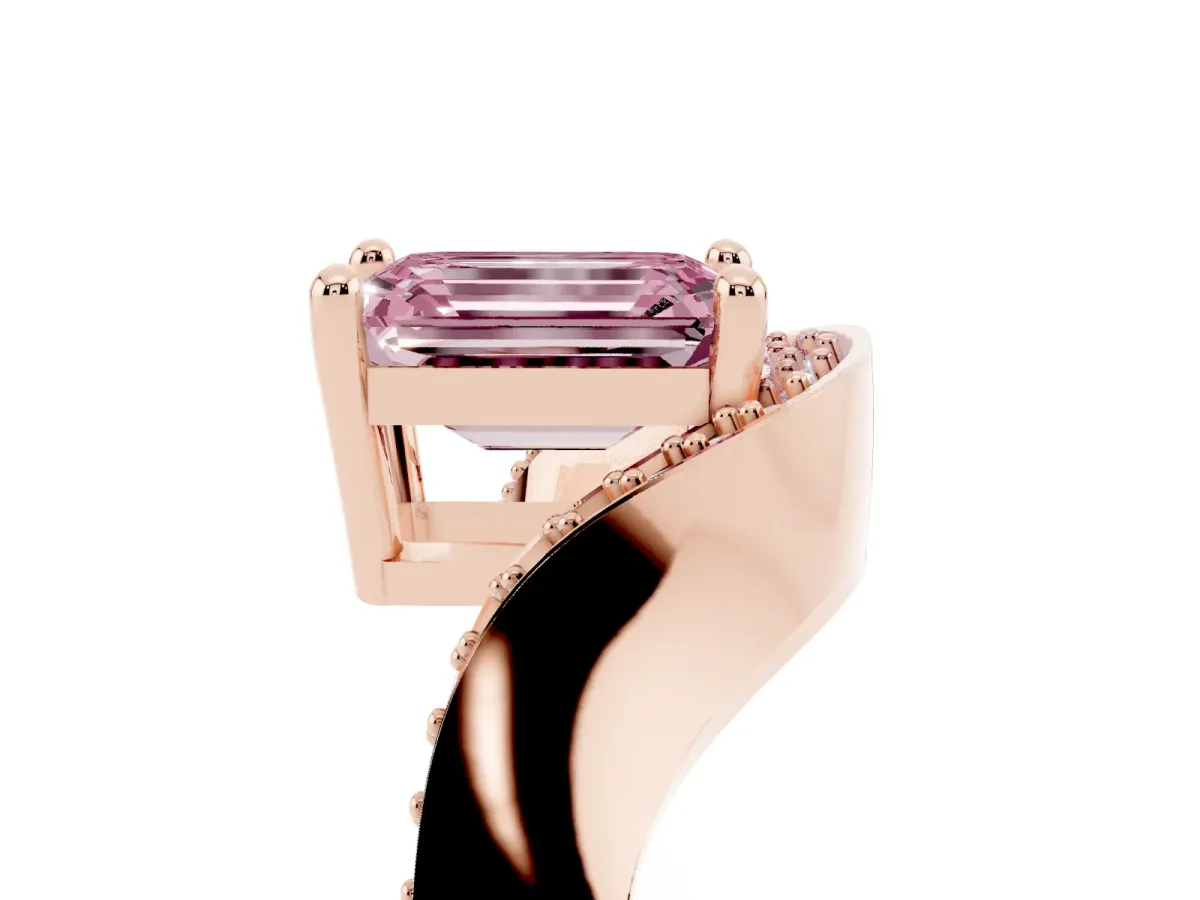 Fancy Pink Emerald Cut Solitaire Diamond Engagement Ring with Pave Band and Four-Prong Setting Rose gold