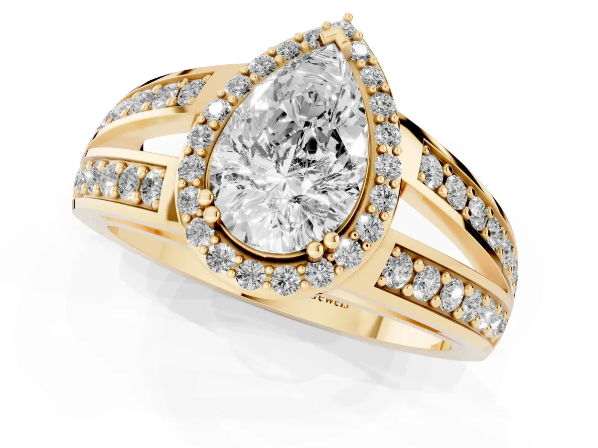 Pear Cut Diamond Halo Ring with Split Shank Pavé Band and Four-Prong Setting Yellow gold