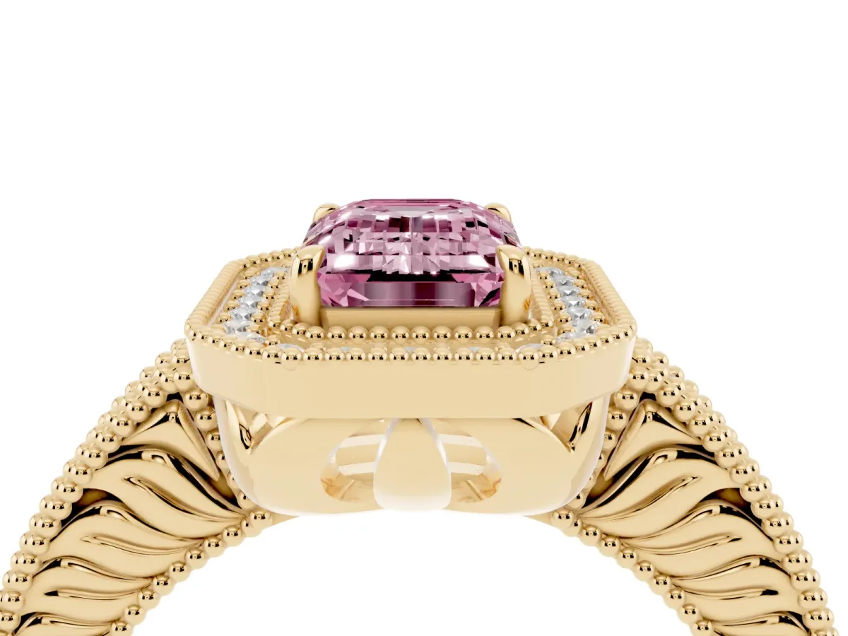 Fancy Pink Emerald Cut Cut Halo Diamond Ring with Pavé Band and Four-Prong Setting Yellow gold
