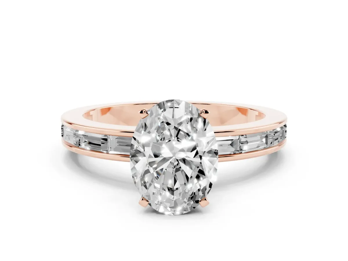 Oval Cut Solitaire Diamond Ring with Channel-Set Baguette Band and Four-Prong Setting Rose gold