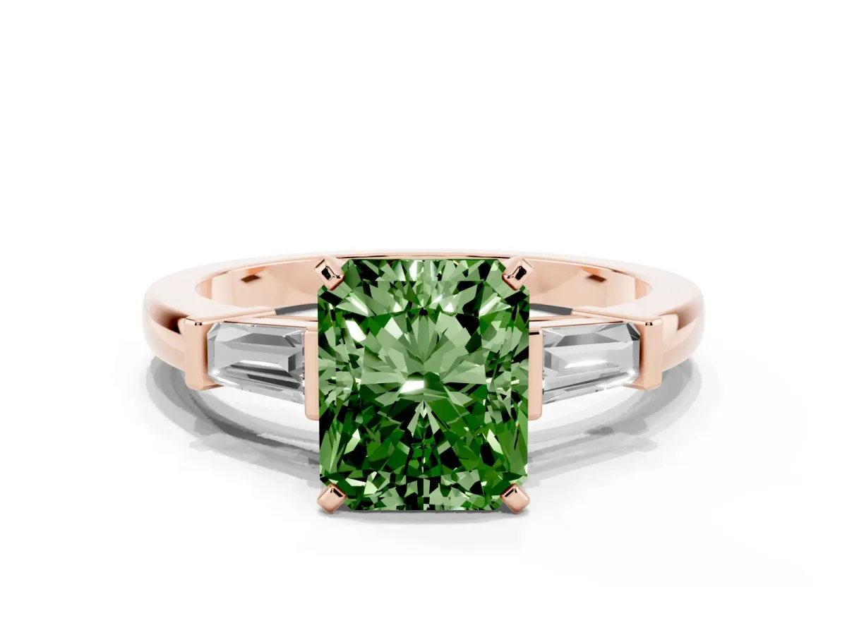 Fancy Green Radiant Cut Cut Diamond Solitaire Ring with Tapered Baguette Accents and Four-Prong Setting Rose gold