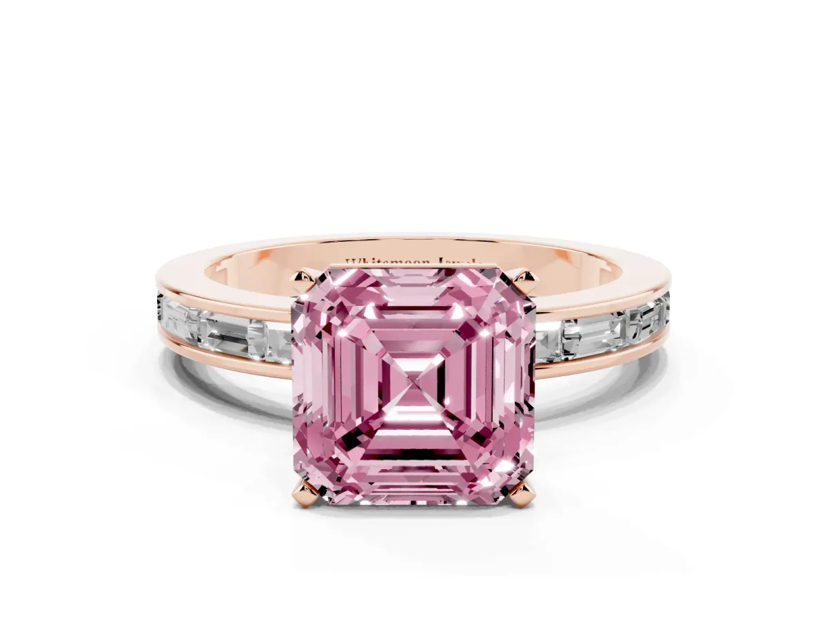 Fancy Pink Asscher Cut Solitaire Diamond Ring with Channel-Set Baguette Band and Four-Prong Setting Rose gold