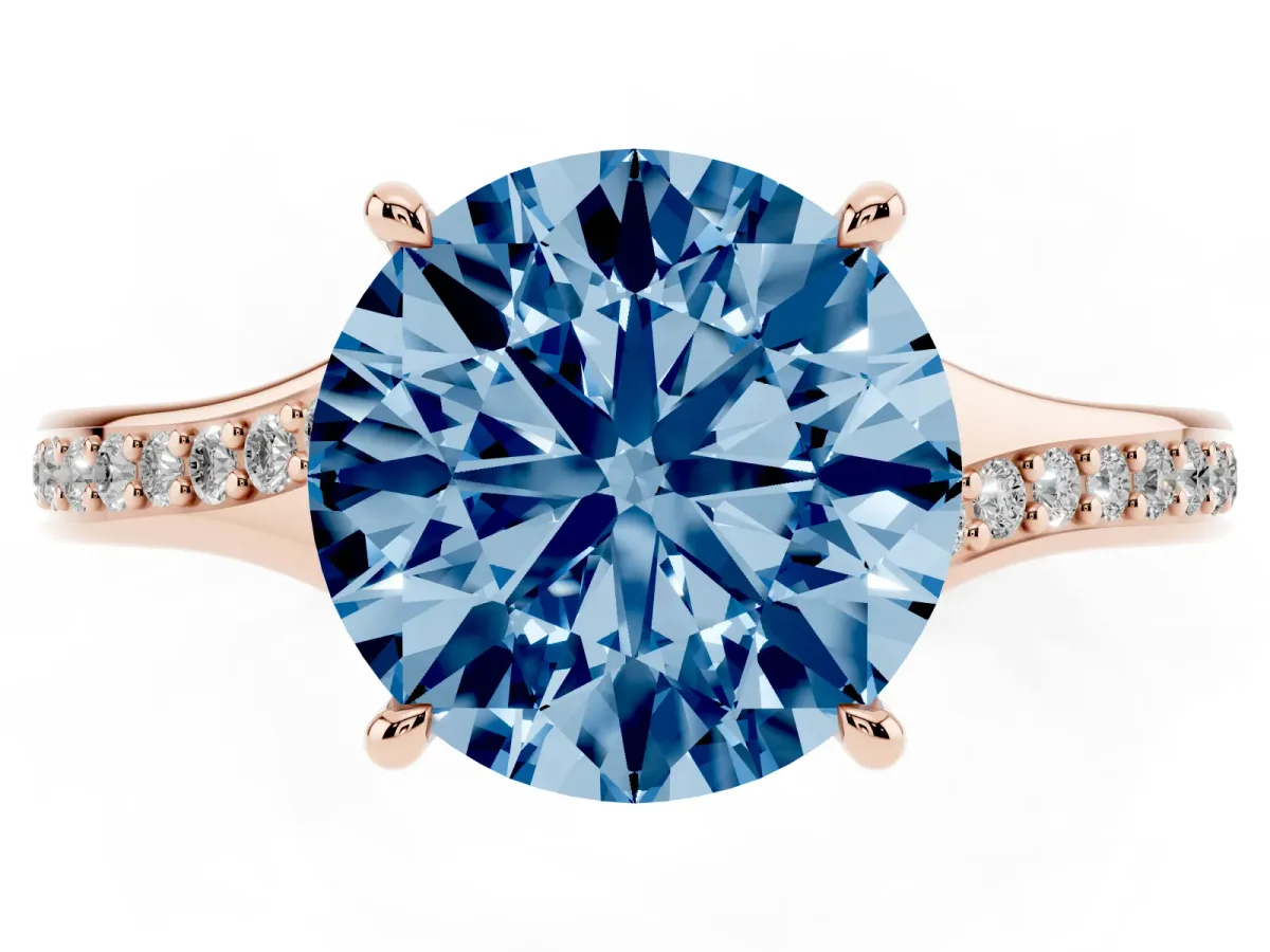 Fancy Blue Round Cut Diamond Solitaire Ring with Pavé Band and Prong Setting Rose gold
