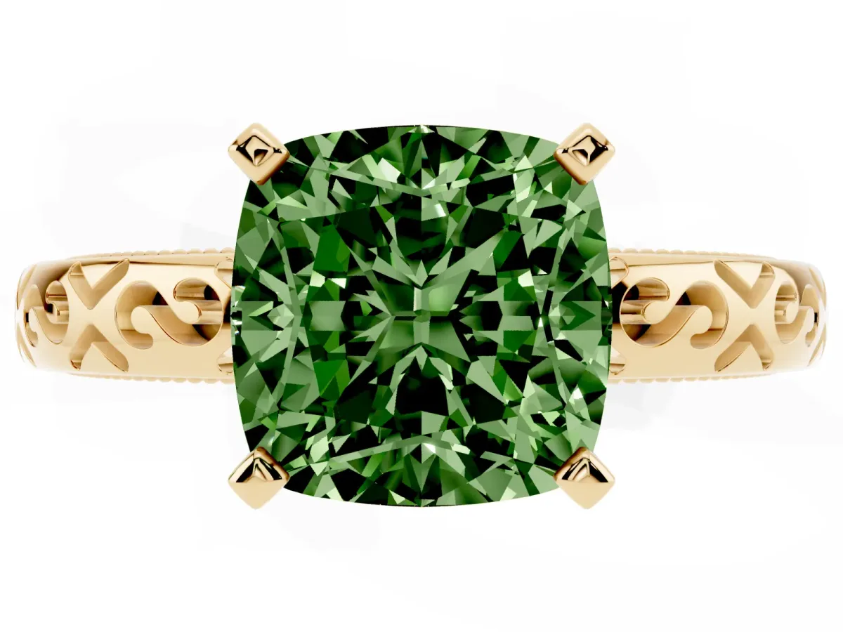 Fancy Green Cushion Cut Solitaire Engagement Ring with Scrollwork Band and Four-Prong Setting Yellow gold