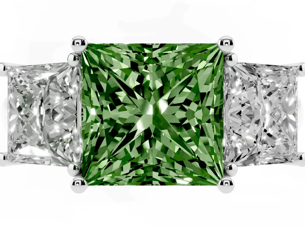 Fancy Green Three-Stone Princess Cut Diamond Engagement Ring with Prong Setting Platinum