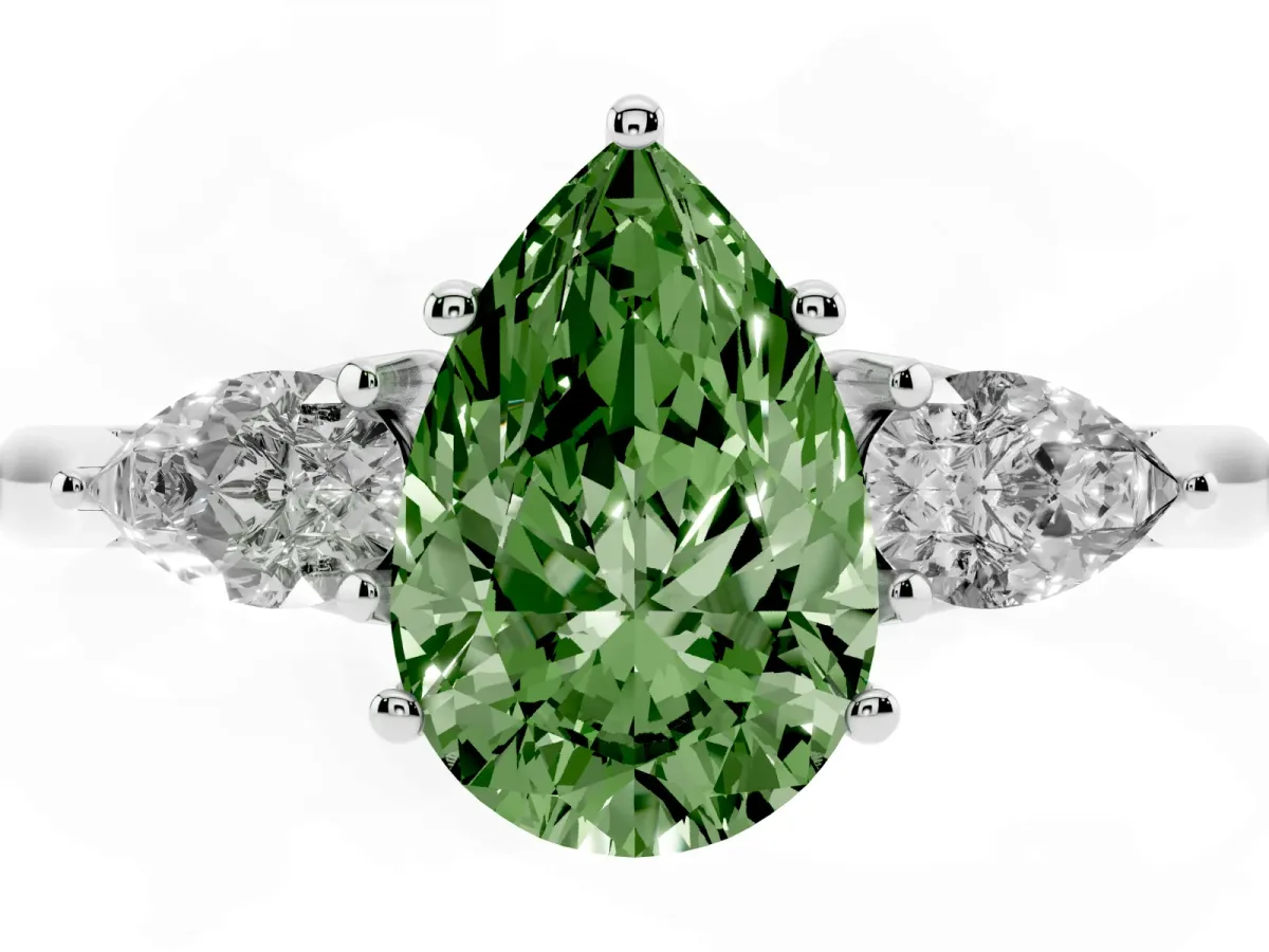 Fancy Green Pear Cut Diamond Three-Stone Ring with Pear Side Stones and Prong Setting Platinum