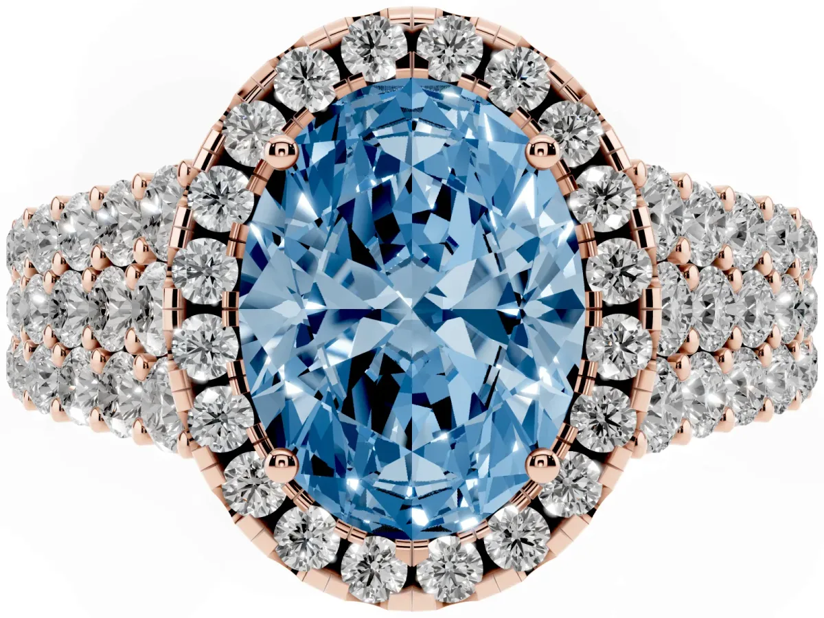 Fancy Blue Oval Cut Diamond Halo Engagement Ring with Triple Row Round Pavé Band and Prong Setting Rose gold