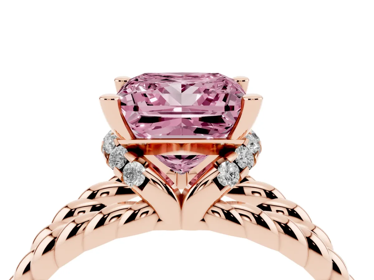 Fancy Pink Princess Cut Halo Twisted Band Four-Prong Ring Rose gold
