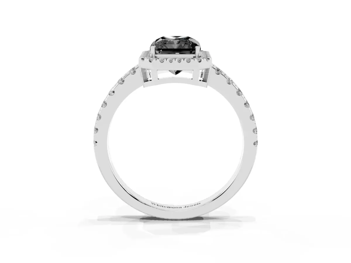 Fancy Black Radiant Cut Diamond Halo Ring with Pavé Band and Four-Prong Setting Silver