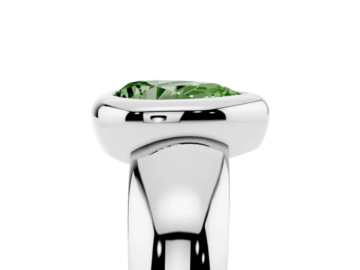 Fancy Green Bezel Set Pear Cut Solitaire Ring with Wide Band Silver