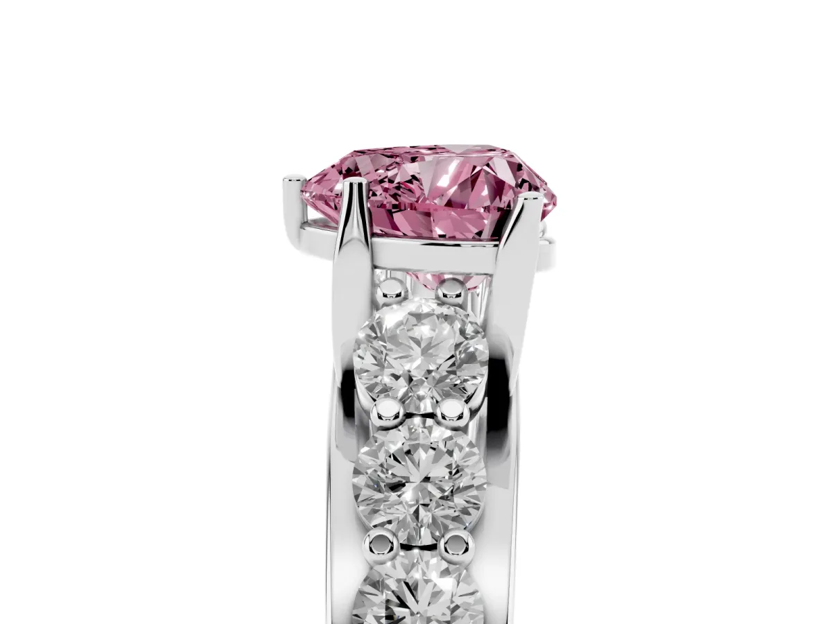 Fancy Pink Heart Cut Diamond Engagement Ring with Pavé Band and Four-Prong Setting Silver