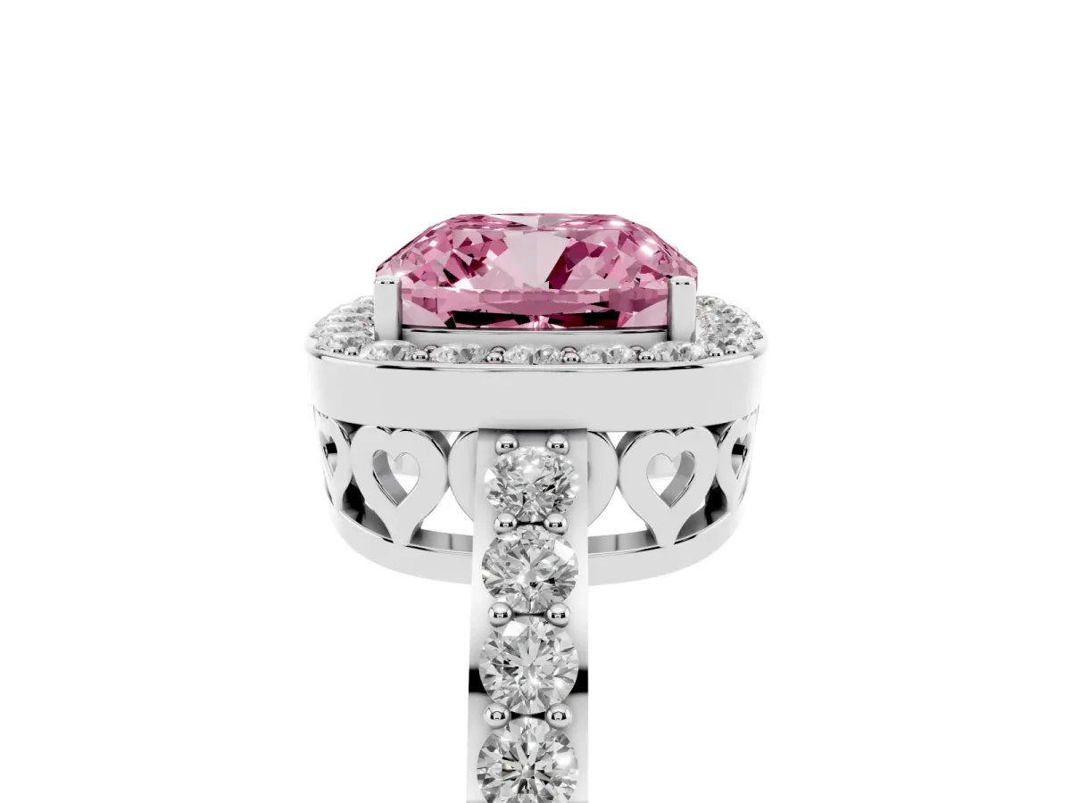 Fancy Pink Cushion Cut Halo Diamond Pavé Band Ring with Prong Setting Silver