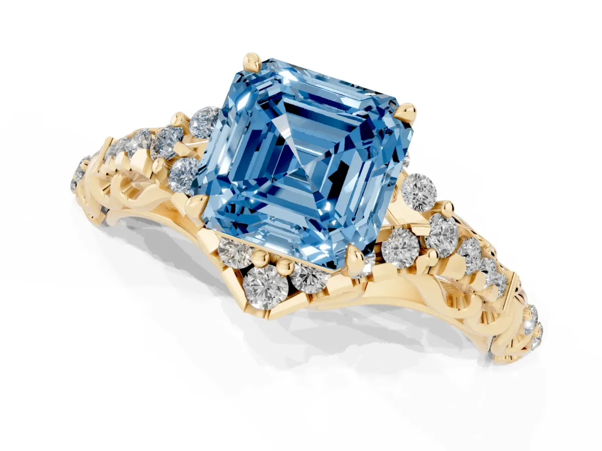 Fancy Blue Asscher Cut Diamond Solitaire Ring with Hidden Halo and Pavé Band Yellow gold