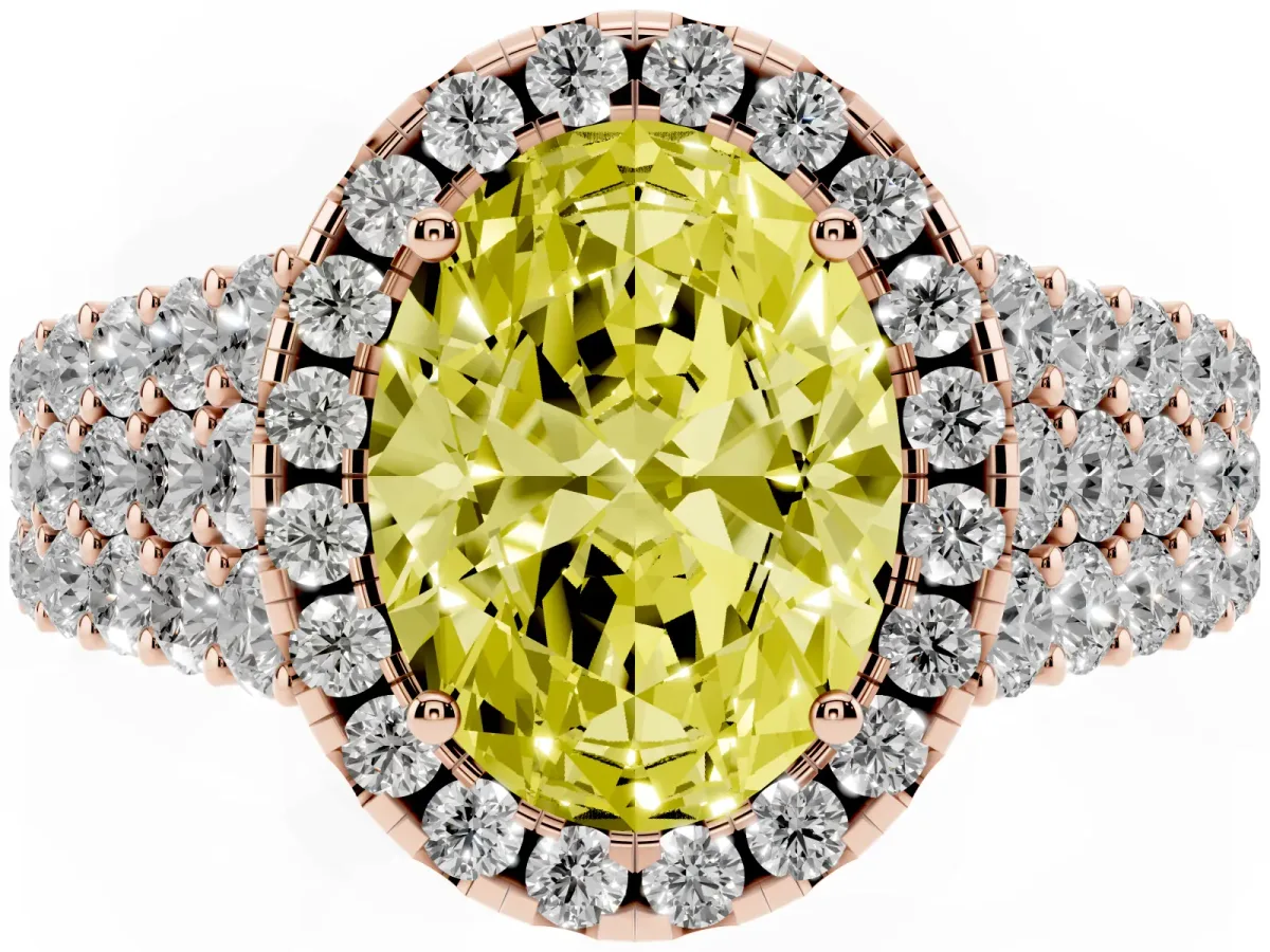 Fancy Yellow Oval Cut Diamond Halo Engagement Ring with Triple Row Round Pavé Band and Prong Setting Rose gold