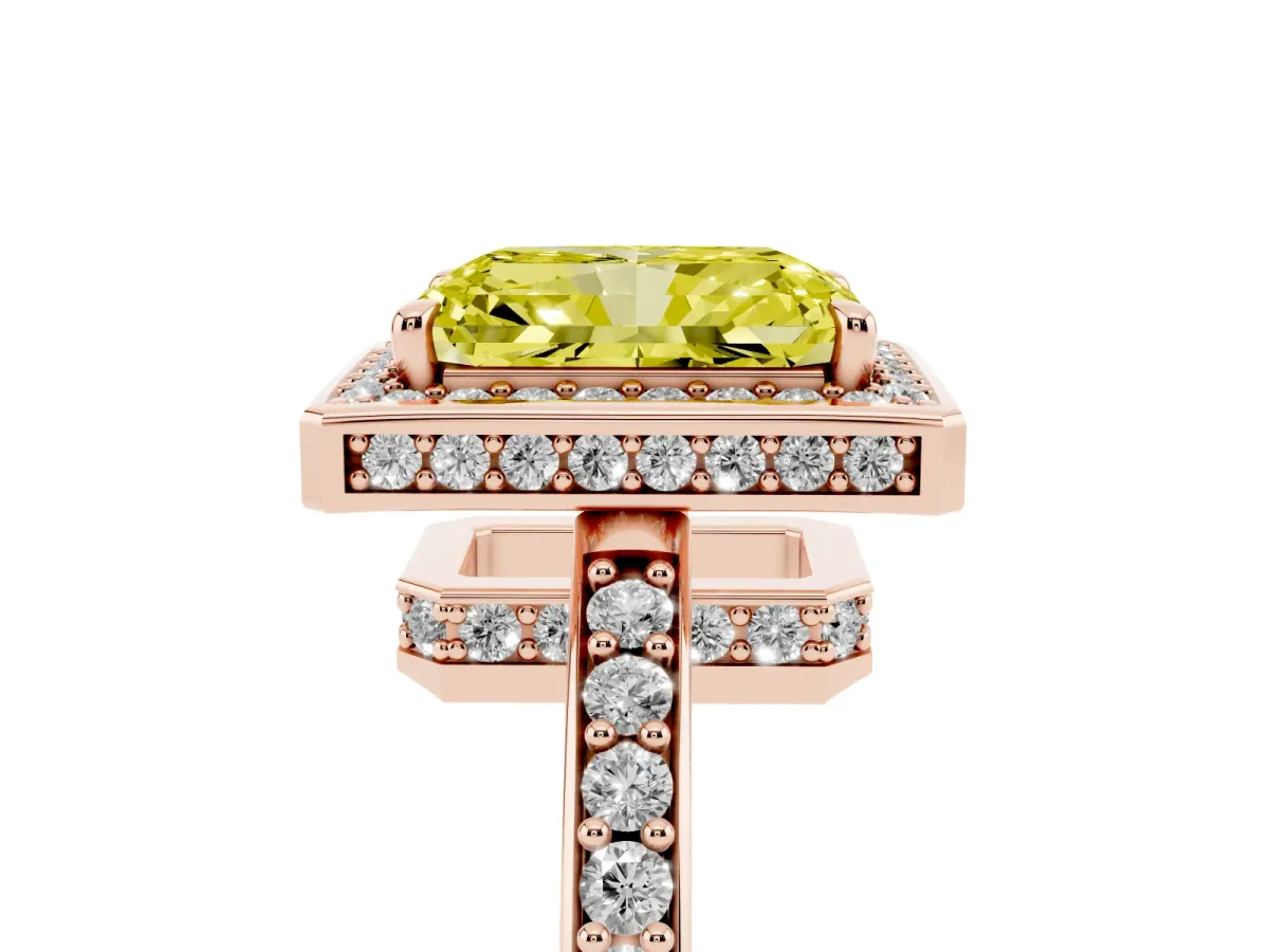 Fancy Yellow Radiant Cut Halo Pave Band Solitaire Ring with Prong Setting Rose gold