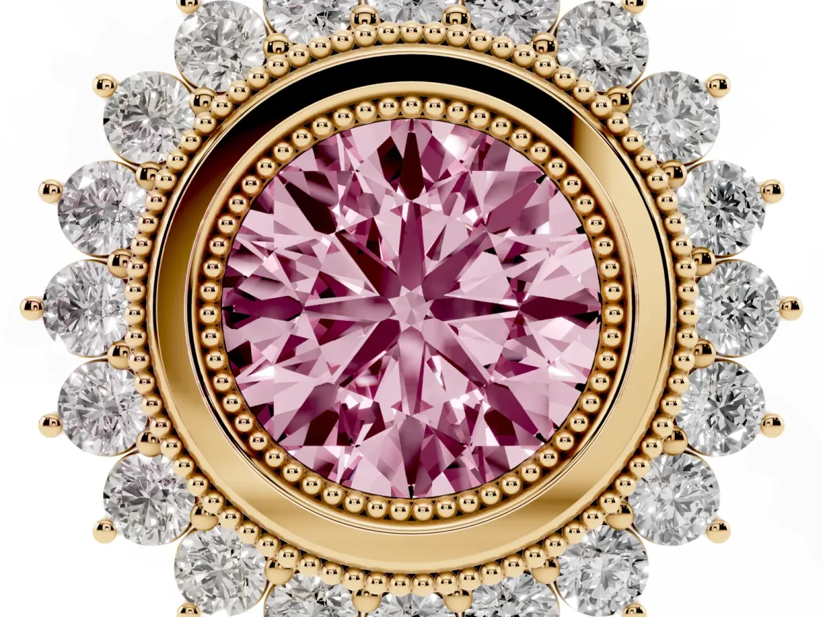 Fancy Pink Round Cut Halo Diamond Ring with Milgrain Edge and Round Prong Setting Yellow gold