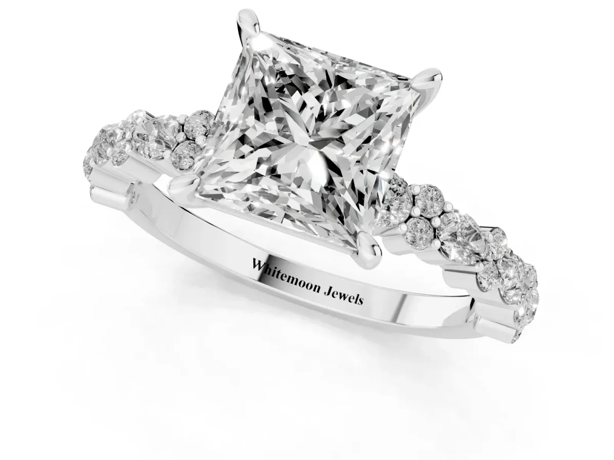 Princess Cut Diamond Side Stone Solitaire Ring with Round and Four-Prong Setting Platinum